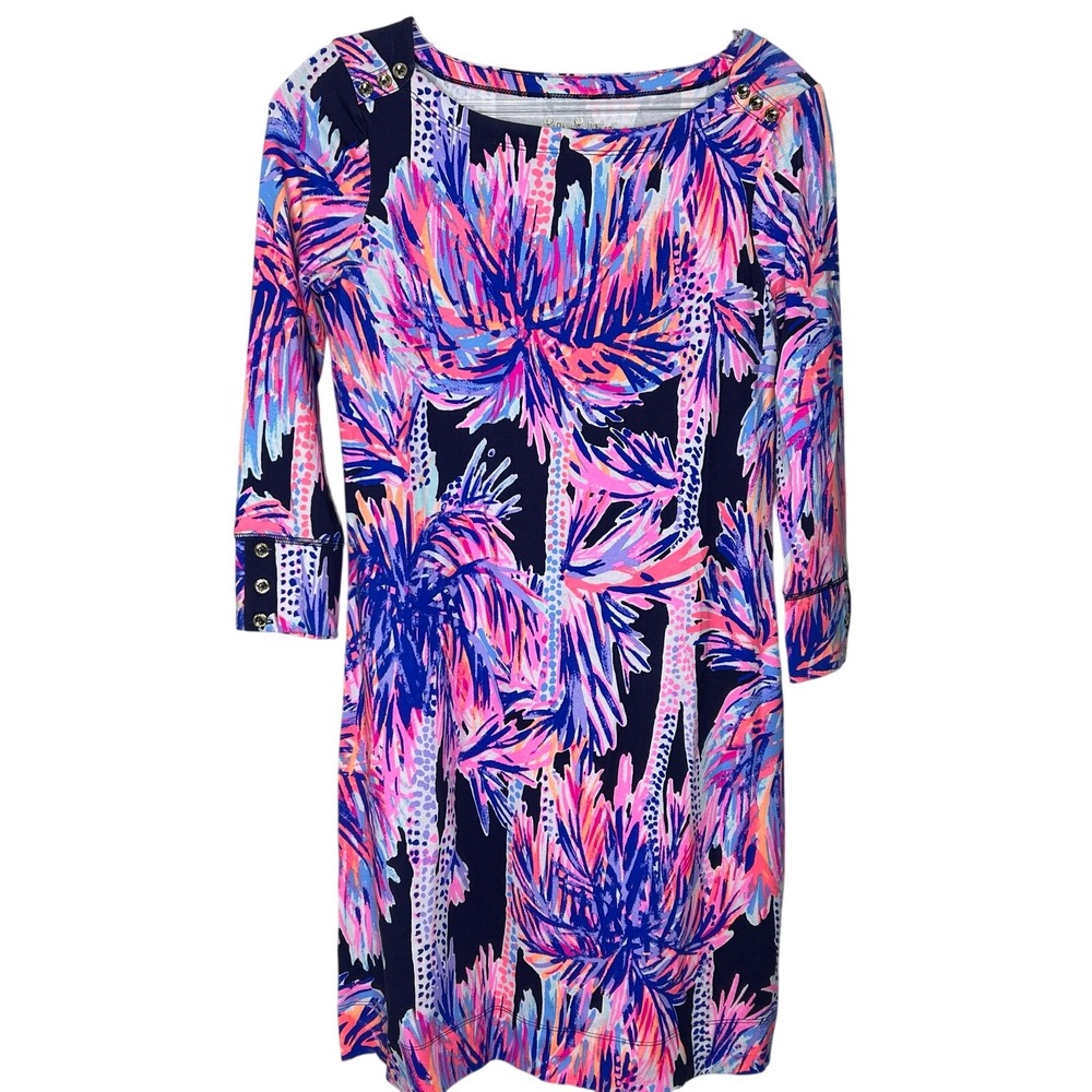 Lilly Pulitzer XS Dress-Sophia‎ palms UPF 50 Dress gold button accents stretchy